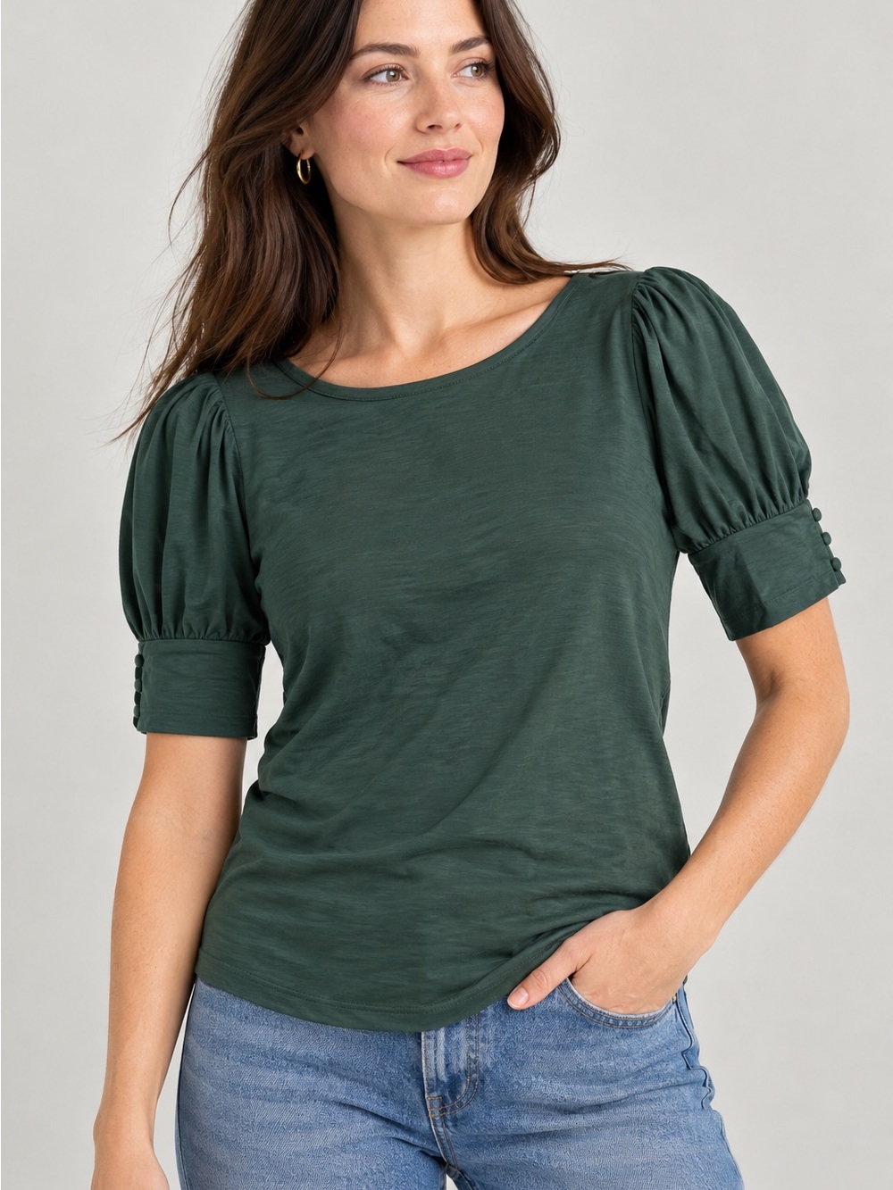 Staccato Forest Green Puff Sleeve Crewneck Top